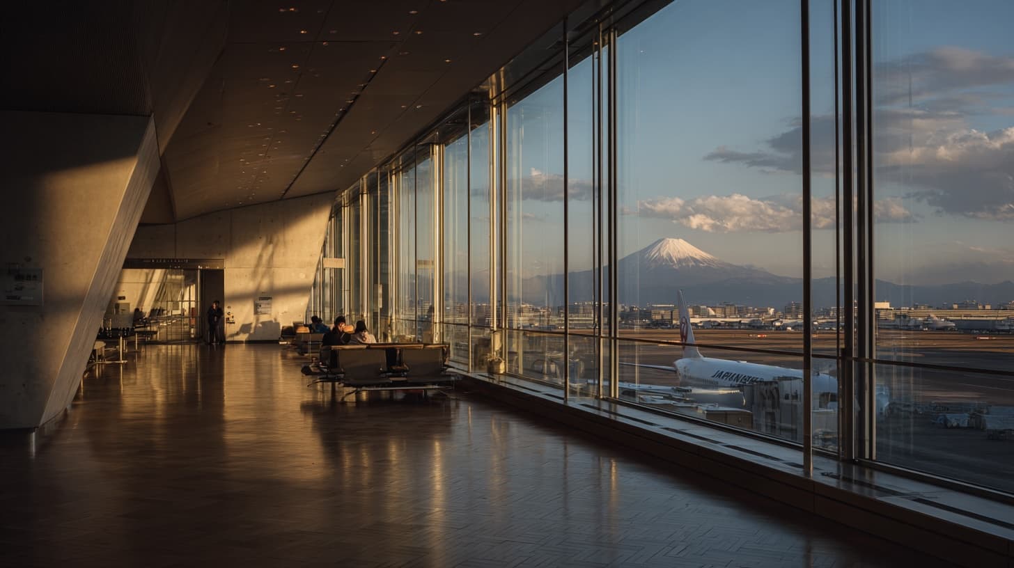A minimalist view of a Japanese airport terminal window looking out at a plane with Mt. Fuji in the distance