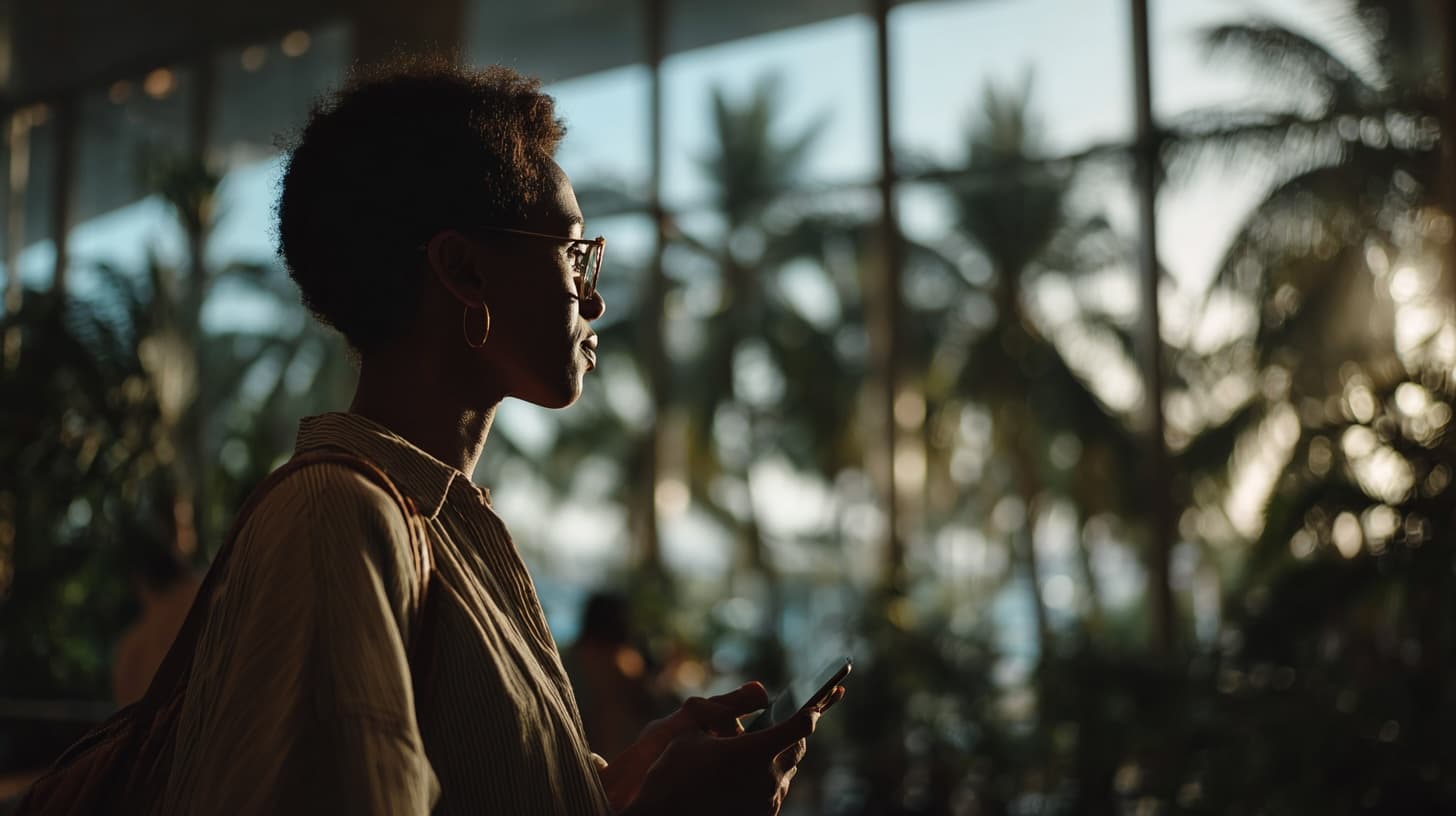 Professional flight itinerary for Mexico 180-day FMM visa permit shown on phone at Cancun airport immigration