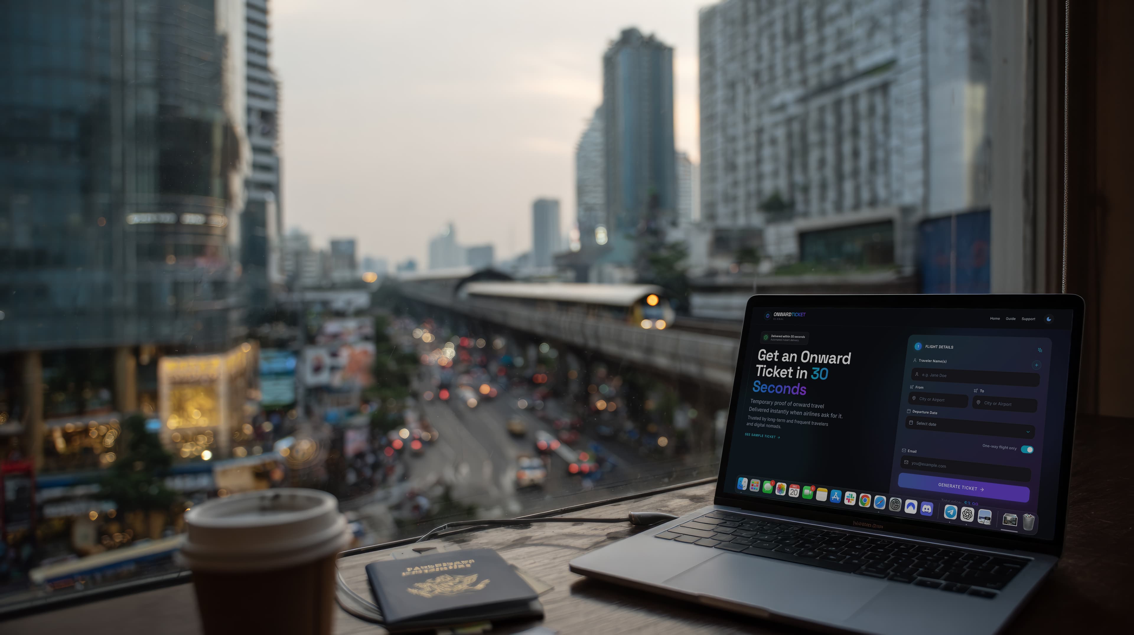 Digital nomad workspace in Bangkok showing a Thailand visa application and a professional flight itinerary on a smartphone.
