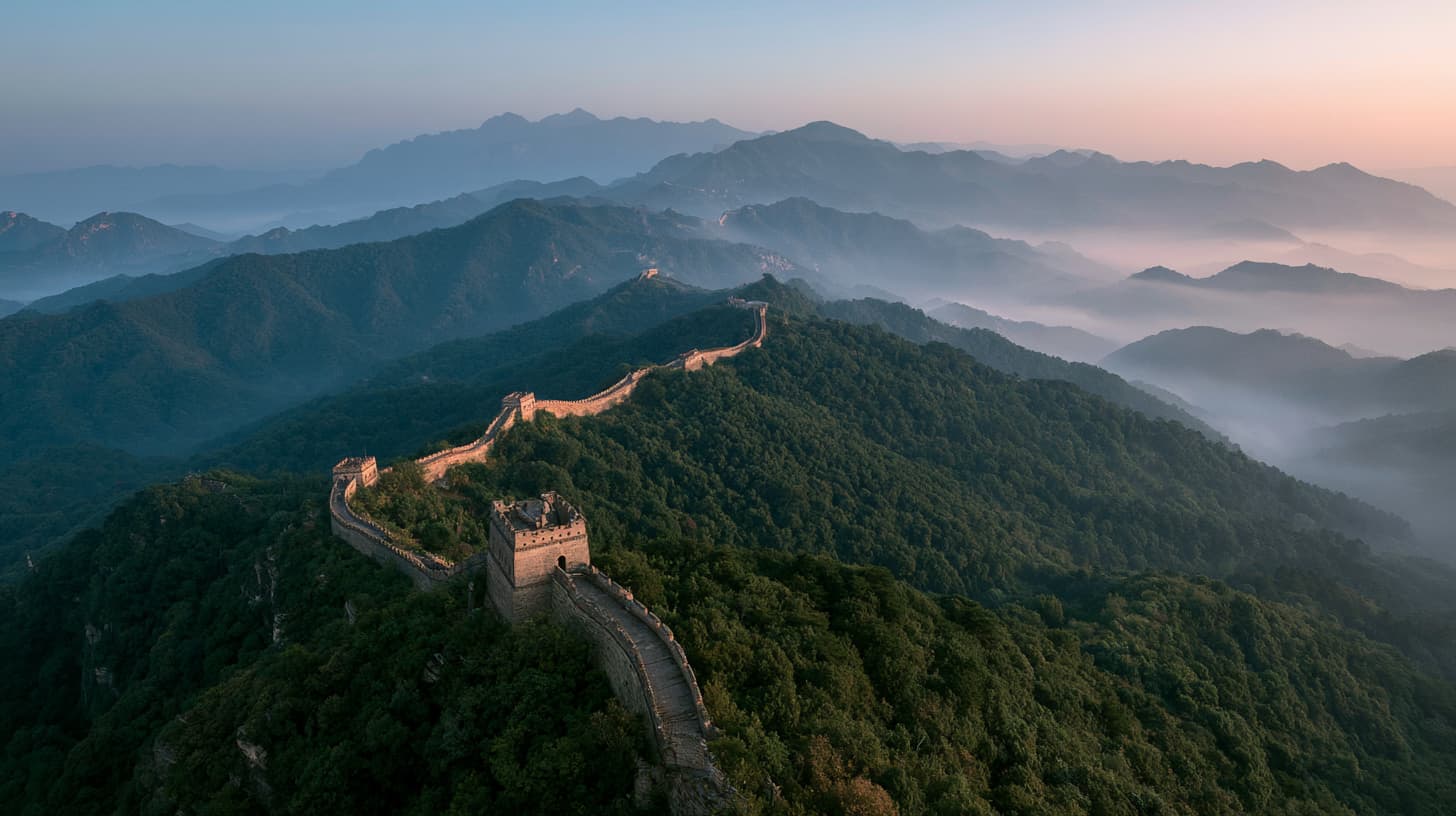 Great Wall of China at Mutianyu winding over forested mountains at sunrise - China entry requirements and onward ticket guide 2026